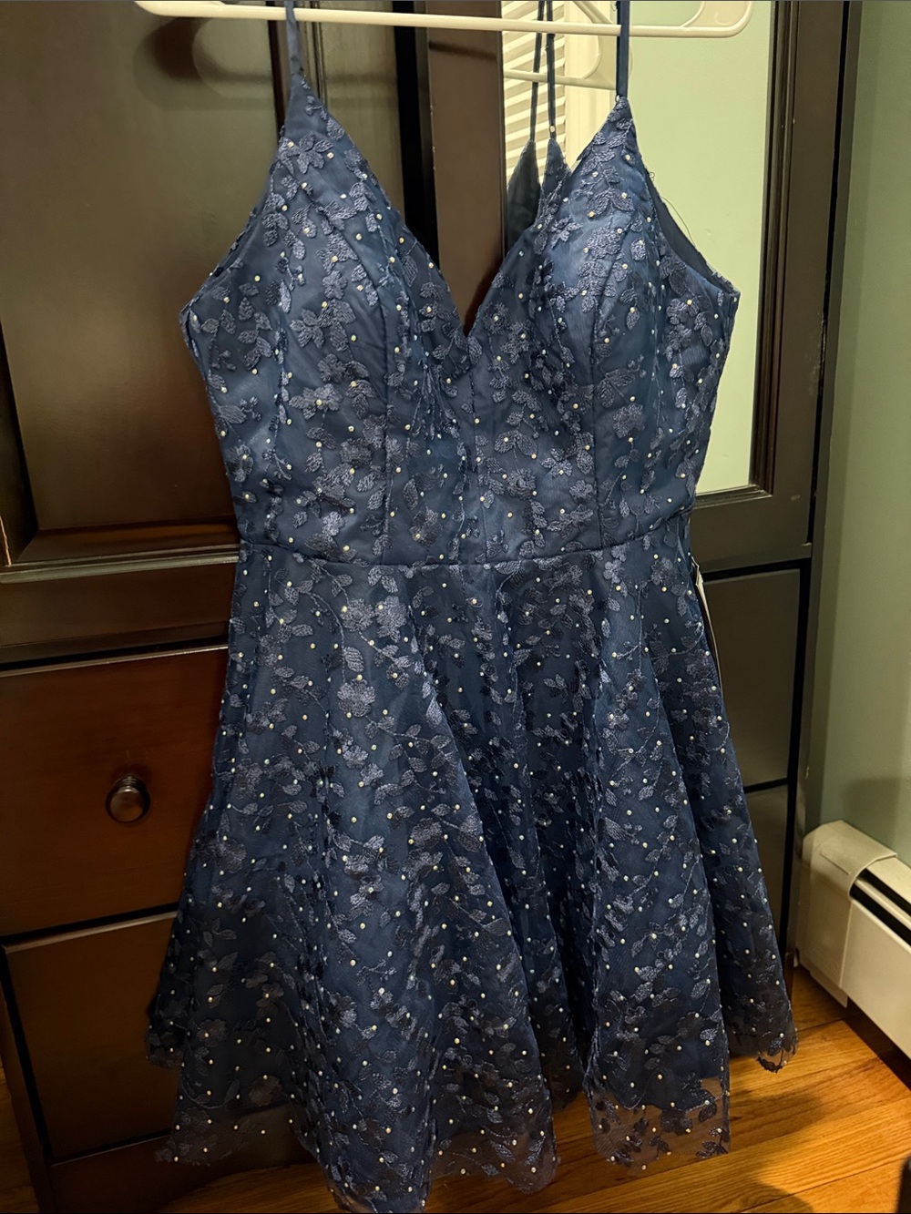 Macy's B. Darlin Navy Beaded Floral Lace Fit-and-Flare Party Dress